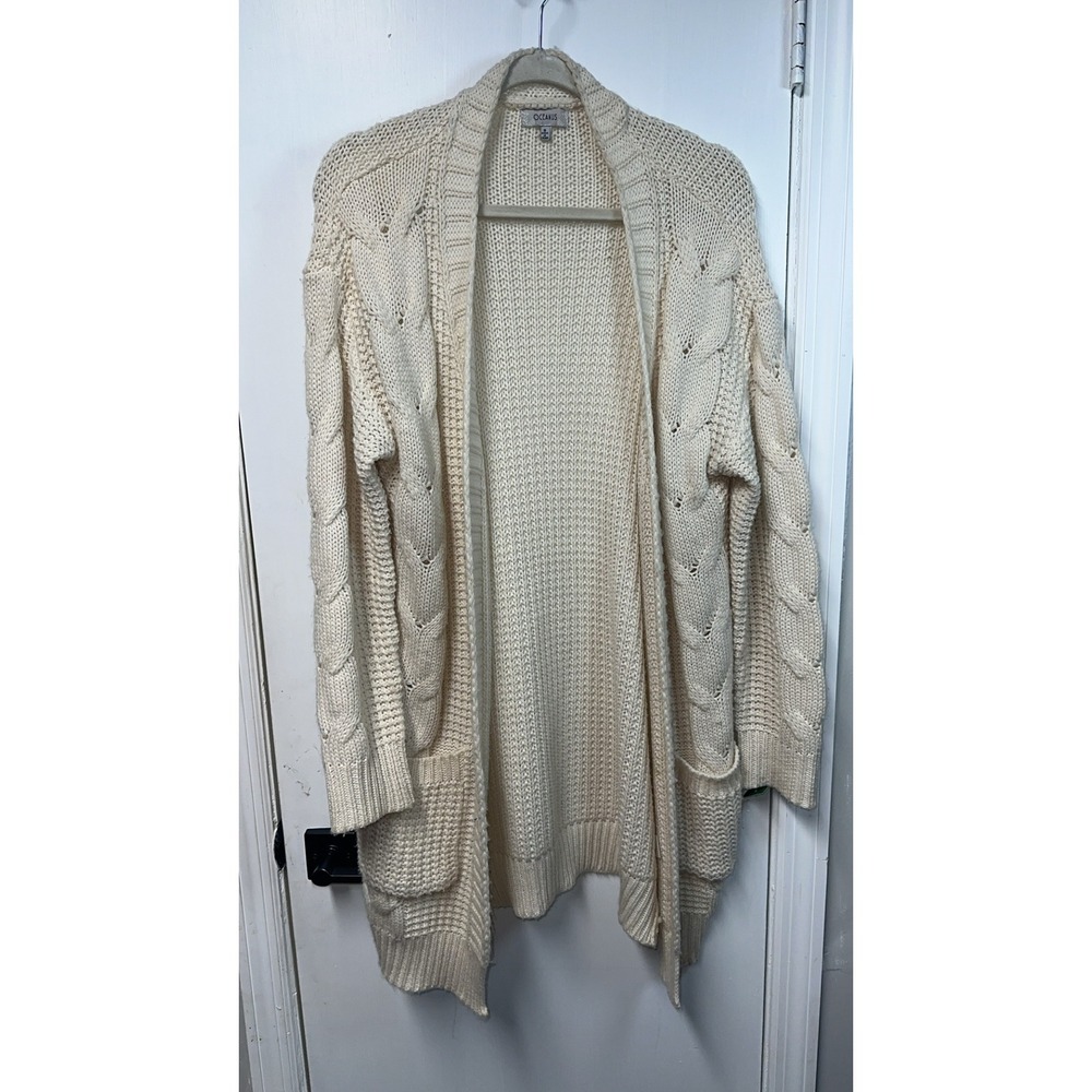 Oceanus | Cream Chunky Cable Knit Open Front Longline Cardigan Sweater | Size S